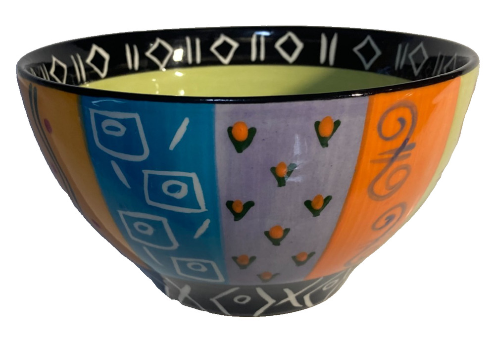 Kapula handmade handpainted bowl yellow inside geometric abstract wavy lines